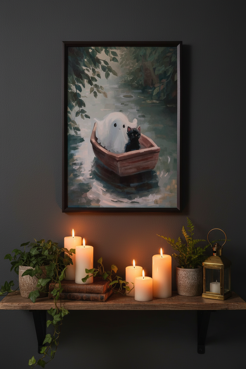 Cat & Ghost | River Boat | Art Print | Ingelijst