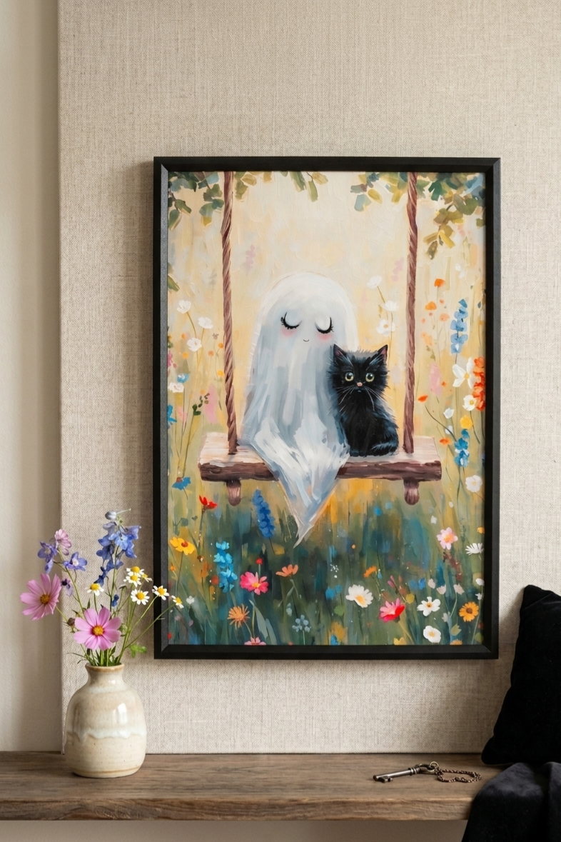 Cat & Ghost | Art Print | Ingelijst