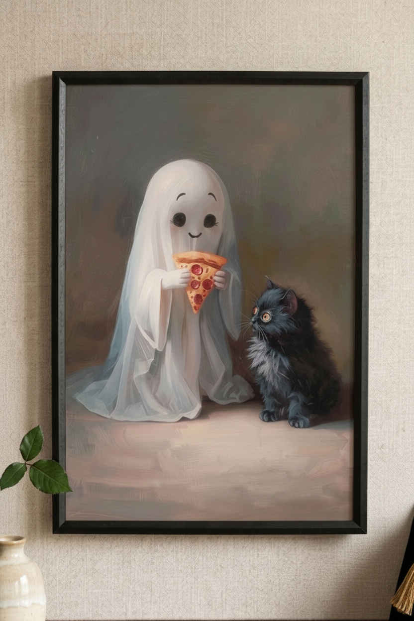 Cat & Ghost Pizza | Art Print | Ingelijst