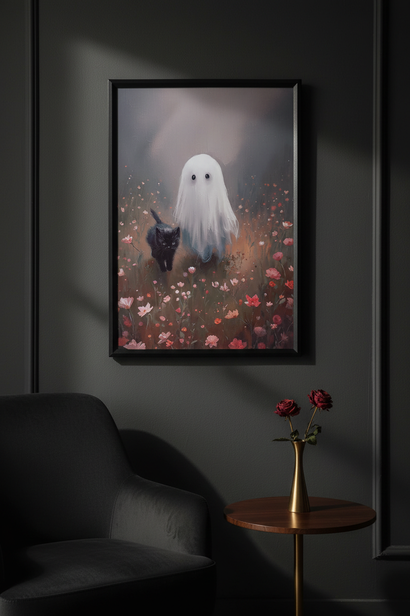 Cat & Ghost | Misty Field | Art Print | Ingelijst