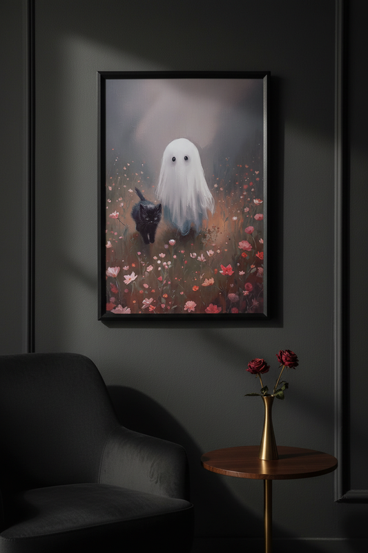 Cat & Ghost | Misty Field | Art Print | Ingelijst