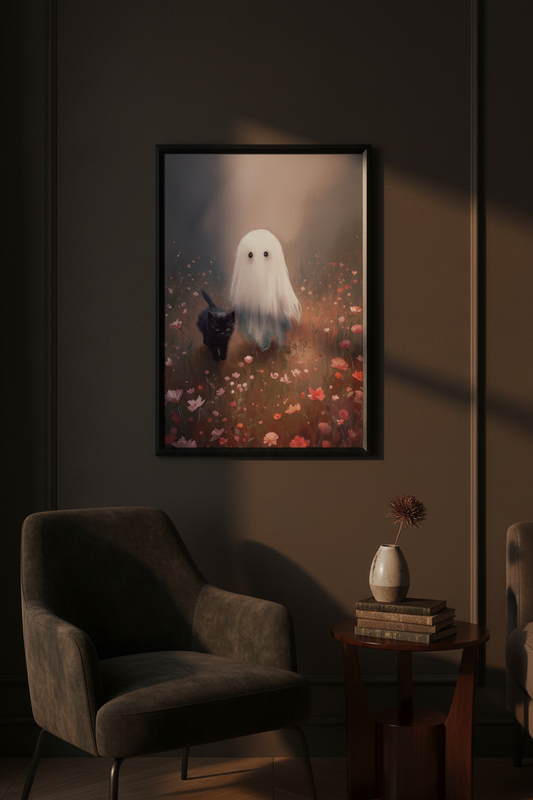 Cat & Ghost | Flower Walk | Art Print | Ingelijst