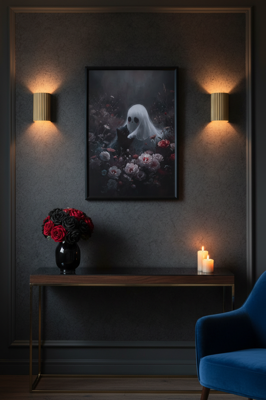 Cat & Ghost | Dark Roses | Art Print | Ingelijst