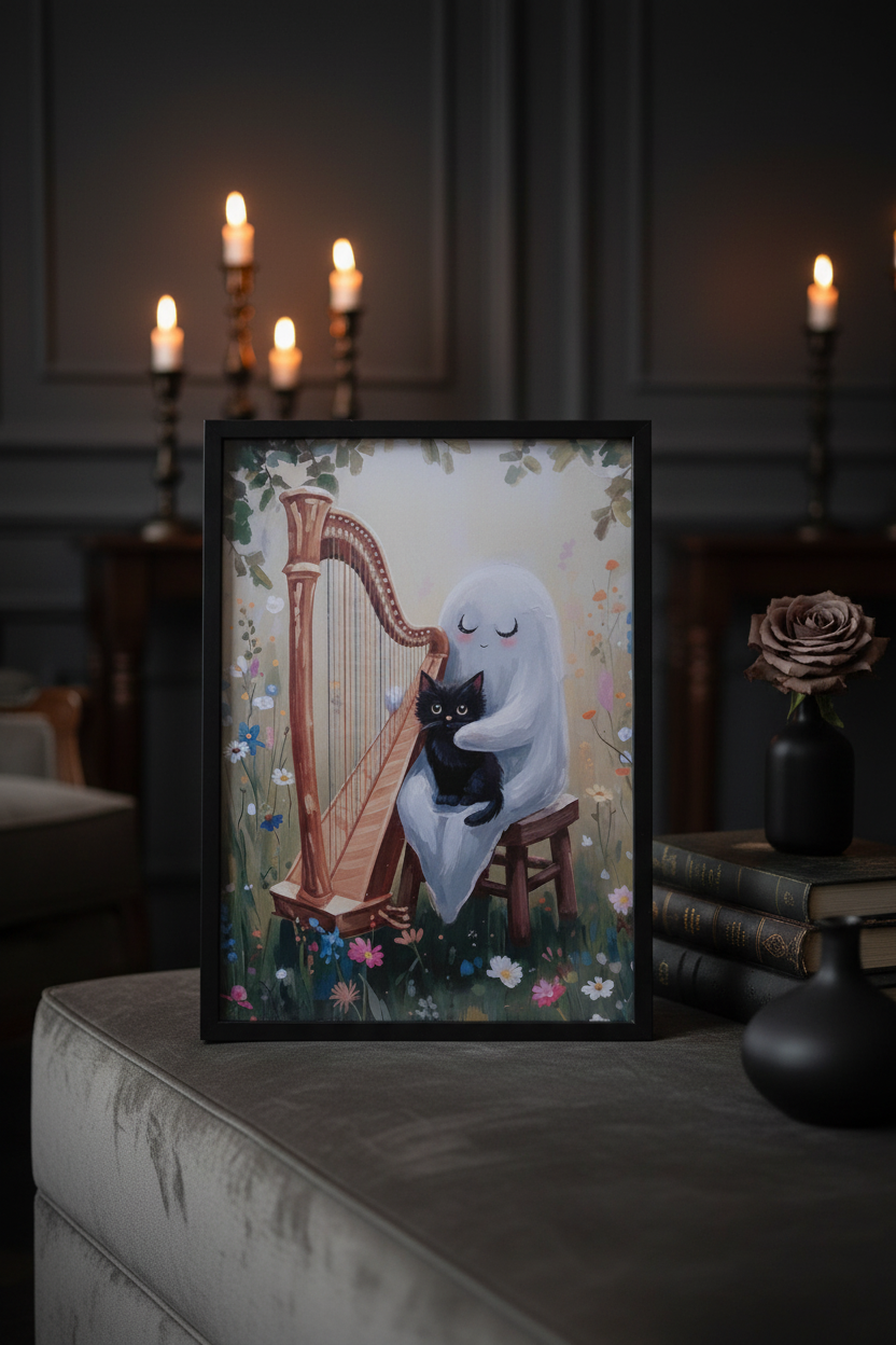 Cat & Ghost | Harp | Art Print | Ingelijst